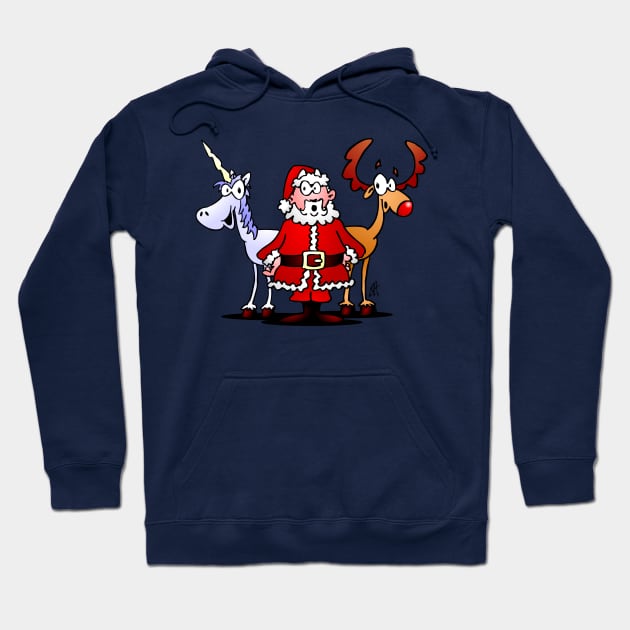 Santa, reindeer and a unicorn Hoodie by Cardvibes